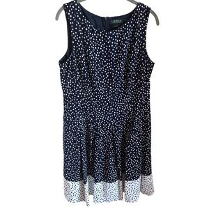 Quiet Luxury Career Navy Polka‎ Dot Fit Flare Dress 12 Lauren Ralph Lauren